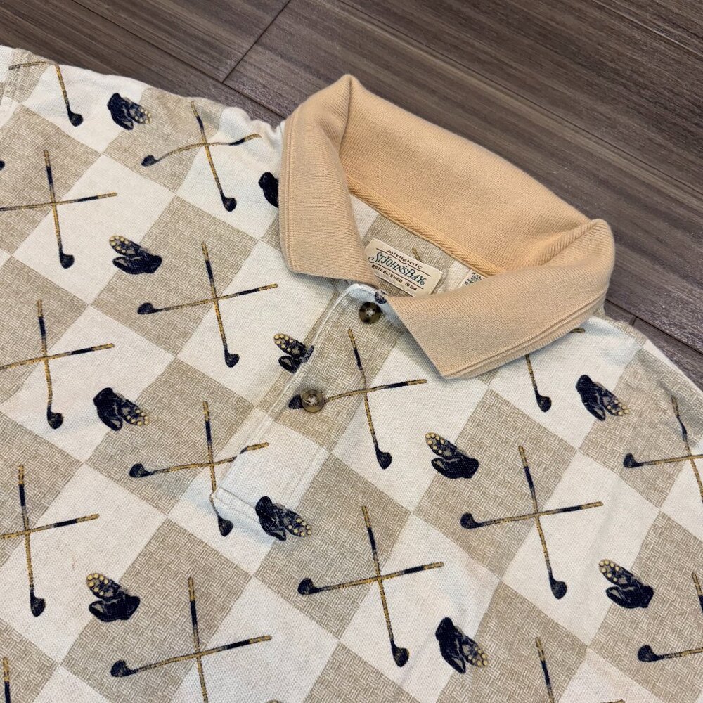 St Johns Bay Vintage 90s Golfer Print Polo Shirt Men Argyle Cream Size XXLT Tall